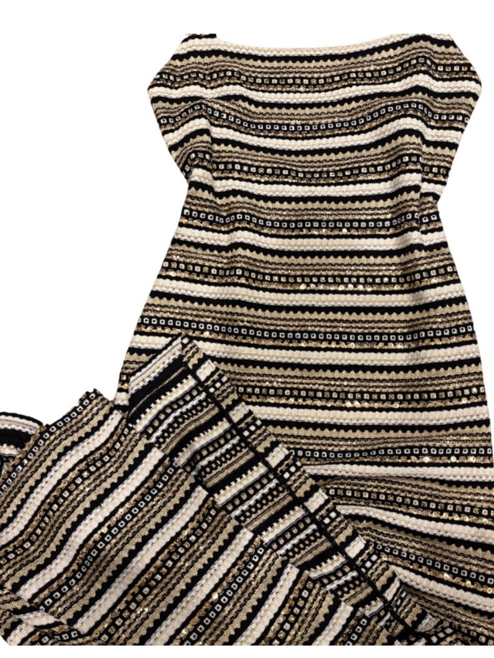 St. John Couture Marie Gray Sequin Knit Evening Gown Black Gold Tan Stripe